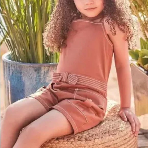 Janie and Jack Baby Girl 18-24M Twill Contrast Stitch Bow Romper Soft Caramel - Picture 2 of 11